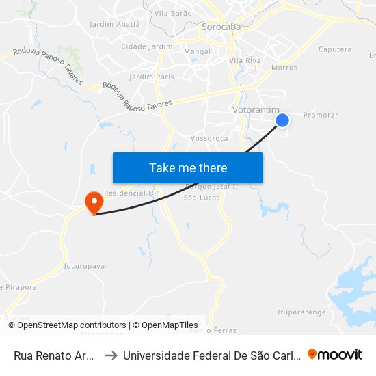 Rua Renato Araújo, 70-116 to Universidade Federal De São Carlos - Campus Sorocaba map