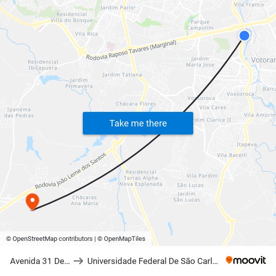 Avenida 31 De Março, 11 to Universidade Federal De São Carlos - Campus Sorocaba map
