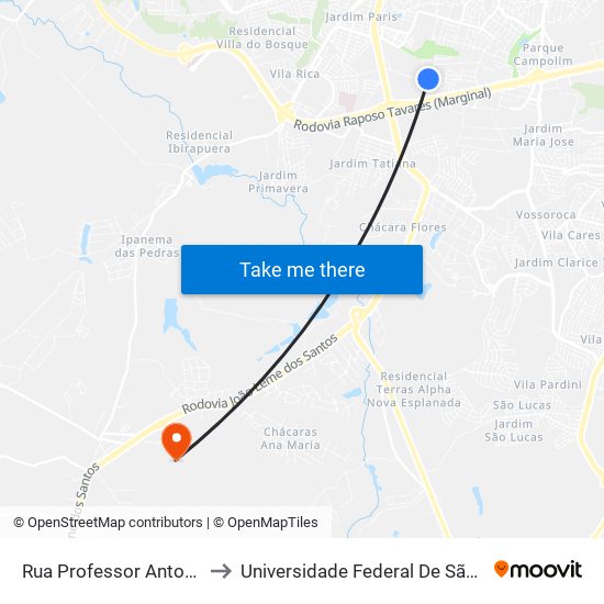 Rua Professor Antonio R C Sobrinho, 370 to Universidade Federal De São Carlos - Campus Sorocaba map