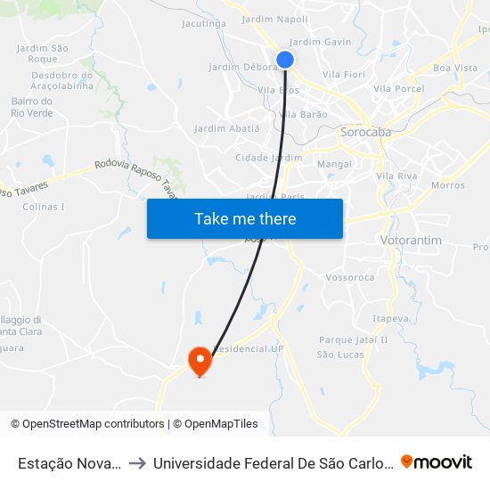 Estação Nova Sorocaba to Universidade Federal De São Carlos - Campus Sorocaba map