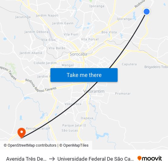 Avenida Três De Março, 4460 to Universidade Federal De São Carlos - Campus Sorocaba map