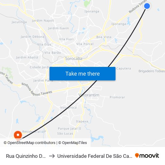 Rua Quinzinho De Moraes, 116 to Universidade Federal De São Carlos - Campus Sorocaba map