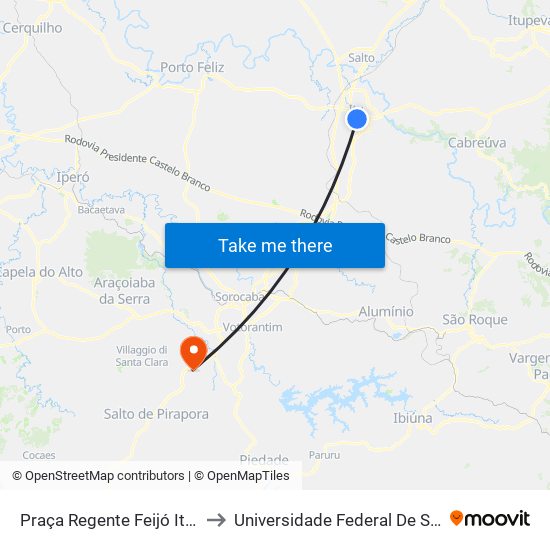 Praça Regente Feijó Itu - São Paulo 13300 Brasil to Universidade Federal De São Carlos - Campus Sorocaba map