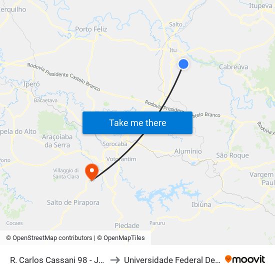 R. Carlos Cassani 98 - Jardim Santa Laura Itu - SP Brasil to Universidade Federal De São Carlos - Campus Sorocaba map