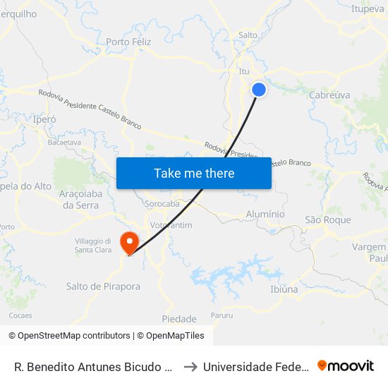 R. Benedito Antunes Bicudo 1340 - Nucleo Hab. Sao Judas Itu - SP 13304-790 Brasil to Universidade Federal De São Carlos - Campus Sorocaba map