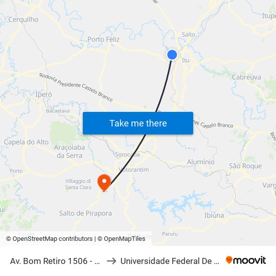 Av. Bom Retiro 1506 - Vila Progresso Itu - SP Brasil to Universidade Federal De São Carlos - Campus Sorocaba map