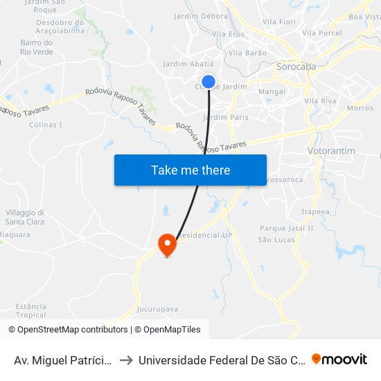 Av. Miguel Patrício De Moraes, Sn to Universidade Federal De São Carlos - Campus Sorocaba map