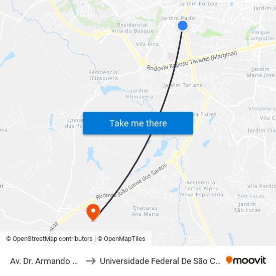 Av. Dr. Armando Pannunzio, 1144 to Universidade Federal De São Carlos - Campus Sorocaba map