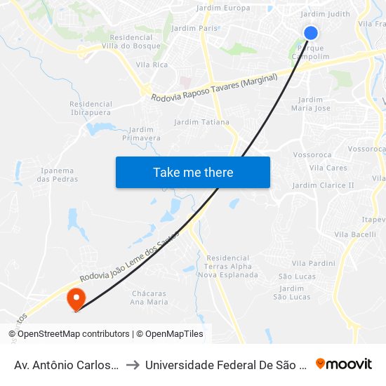 Av. Antônio Carlos Comitre Nº 2051 to Universidade Federal De São Carlos - Campus Sorocaba map