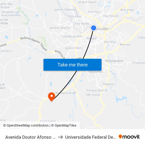 Avenida Doutor Afonso Vergueiro - Sorocaba Shopping to Universidade Federal De São Carlos - Campus Sorocaba map