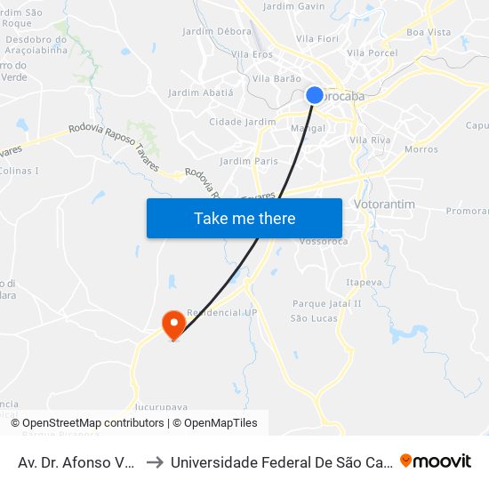 Av. Dr. Afonso Vergueiro, 1749 to Universidade Federal De São Carlos - Campus Sorocaba map