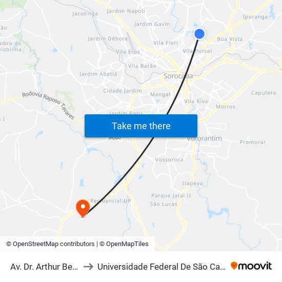 Av. Dr. Arthur Bernardes, 1327 to Universidade Federal De São Carlos - Campus Sorocaba map