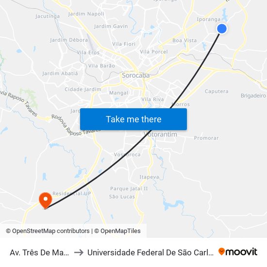 Av. Três De Março, Cx. 200 to Universidade Federal De São Carlos - Campus Sorocaba map