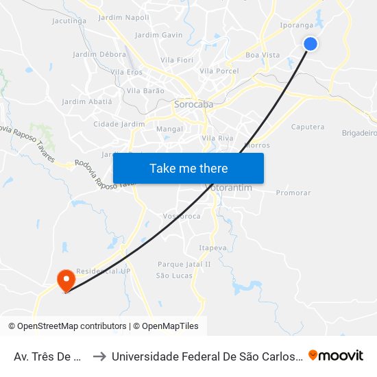 Av. Três De Março, Sn to Universidade Federal De São Carlos - Campus Sorocaba map