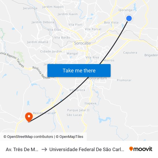 Av. Três De Março, 2670 to Universidade Federal De São Carlos - Campus Sorocaba map