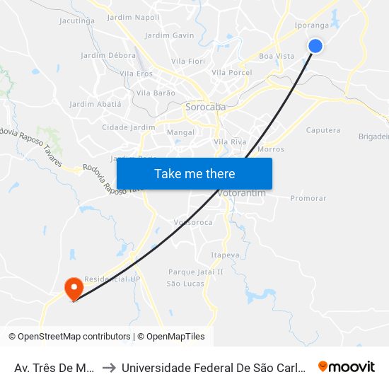 Av. Três De Março, 2465 to Universidade Federal De São Carlos - Campus Sorocaba map