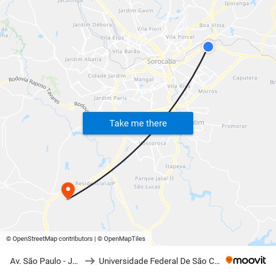 Av. São Paulo - João Salerno , Sn to Universidade Federal De São Carlos - Campus Sorocaba map