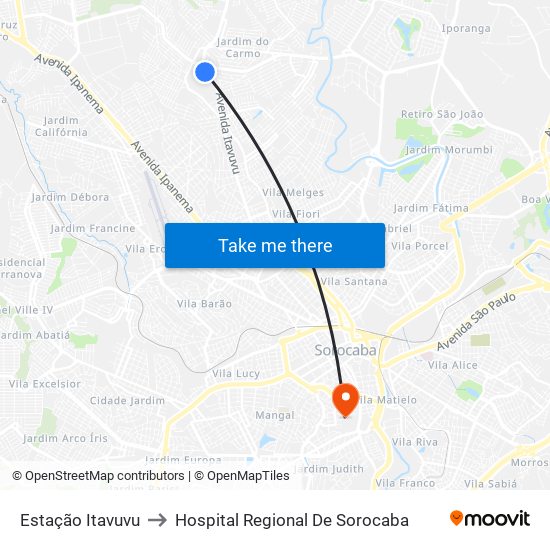 Estação Itavuvu to Hospital Regional De Sorocaba map