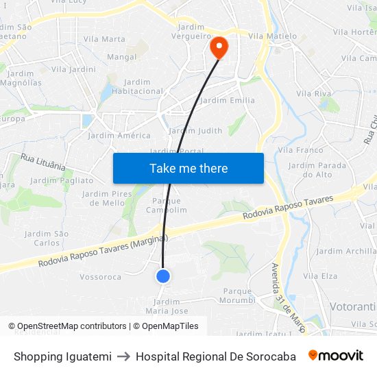 Shopping Iguatemi to Hospital Regional De Sorocaba map