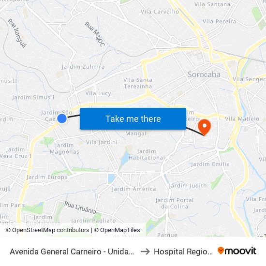 Avenida General Carneiro - Unidade Pré-Hospitalar Da Zona Oeste to Hospital Regional De Sorocaba map