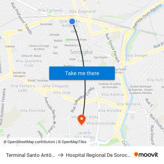 Terminal Santo Antônio to Hospital Regional De Sorocaba map