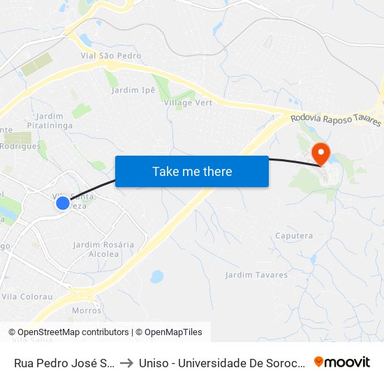 Rua  Pedro José Senger, Df.1640 to Uniso - Universidade De Sorocaba Cidade Universitária map