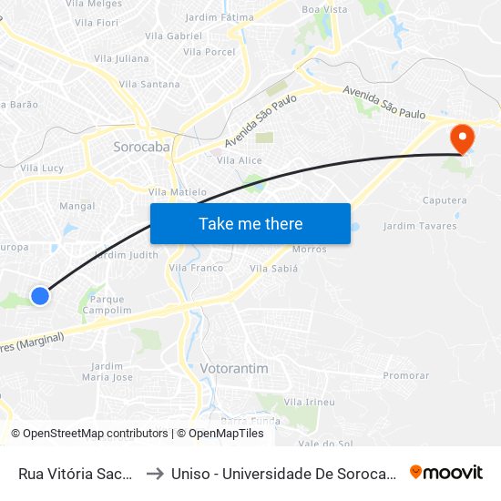 Rua  Vitória Sacker Reze, 321 to Uniso - Universidade De Sorocaba Cidade Universitária map