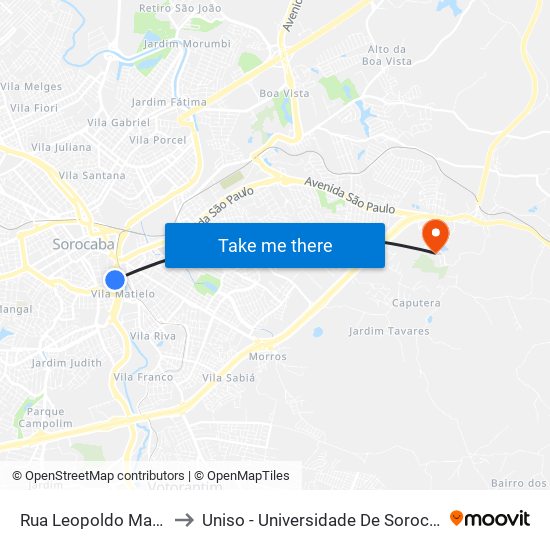Rua Leopoldo Machado, 333-459 to Uniso - Universidade De Sorocaba Cidade Universitária map