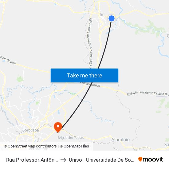 Rua Professor Antônio Dirceu Marmo, 714 to Uniso - Universidade De Sorocaba Cidade Universitária map