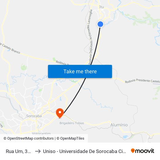 Rua Um, 358-384 to Uniso - Universidade De Sorocaba Cidade Universitária map