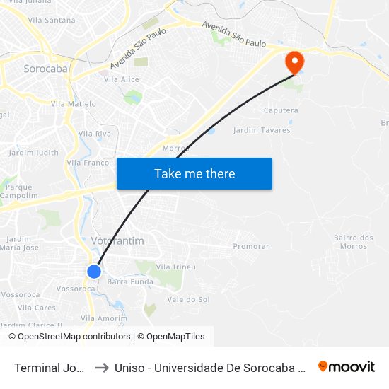 Terminal João Souto to Uniso - Universidade De Sorocaba Cidade Universitária map