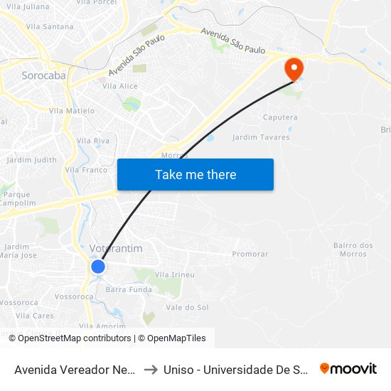 Avenida Vereador Newton Vieira Soares, 325 to Uniso - Universidade De Sorocaba Cidade Universitária map