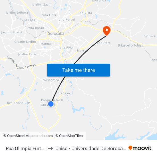 Rua Olímpia Furtado Bruno, 72 to Uniso - Universidade De Sorocaba Cidade Universitária map