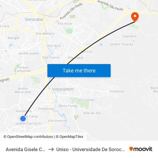 Avenida Gisele Costantino, 138 to Uniso - Universidade De Sorocaba Cidade Universitária map