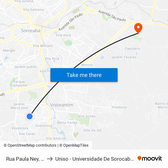 Rua Paula Ney, 1133-1151 to Uniso - Universidade De Sorocaba Cidade Universitária map