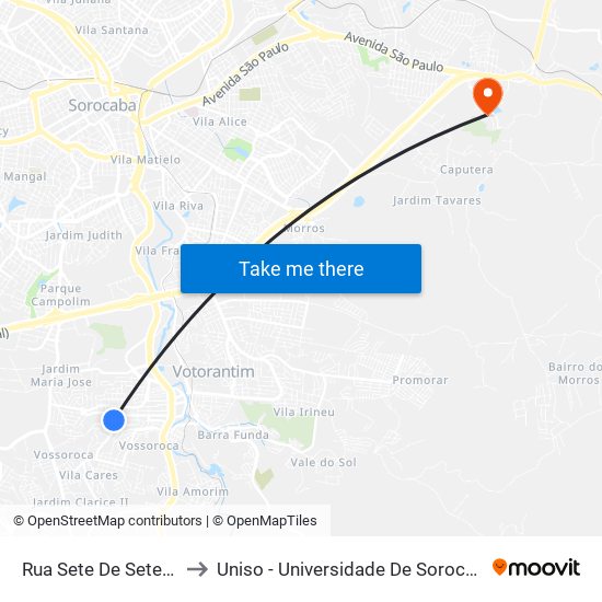Rua Sete De Setembro, 628-692 to Uniso - Universidade De Sorocaba Cidade Universitária map