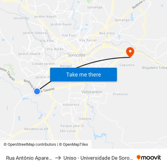 Rua Antônio Aparecido Ferraz, 1900 to Uniso - Universidade De Sorocaba Cidade Universitária map