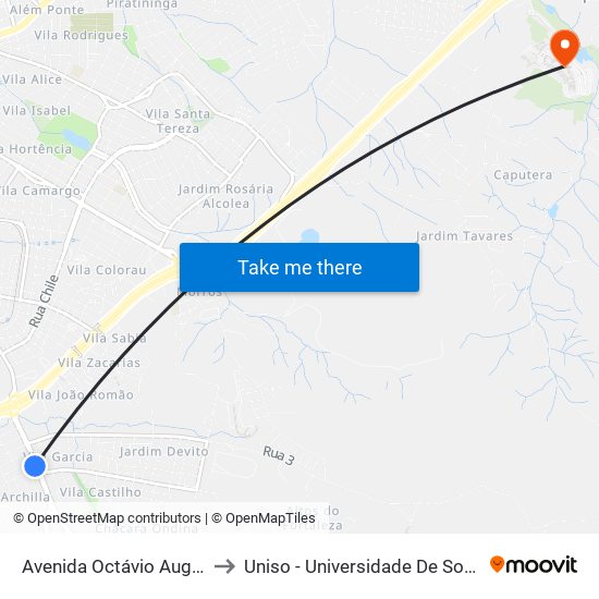Avenida Octávio Augusto Rangel, 512-546 to Uniso - Universidade De Sorocaba Cidade Universitária map