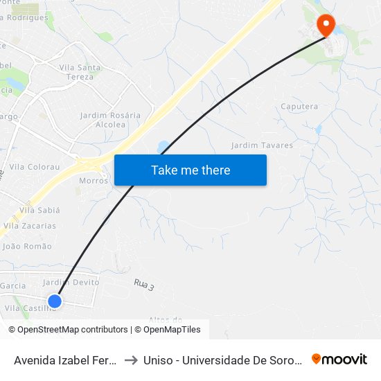 Avenida Izabel Ferreira Coelho, 150 to Uniso - Universidade De Sorocaba Cidade Universitária map