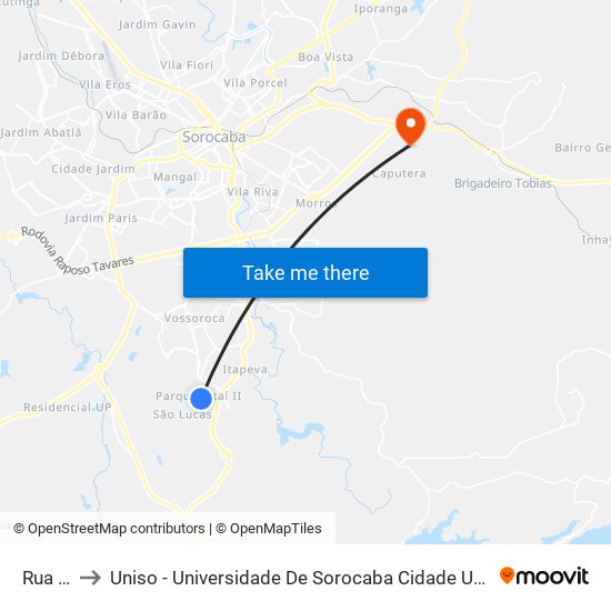 Rua 25 to Uniso - Universidade De Sorocaba Cidade Universitária map