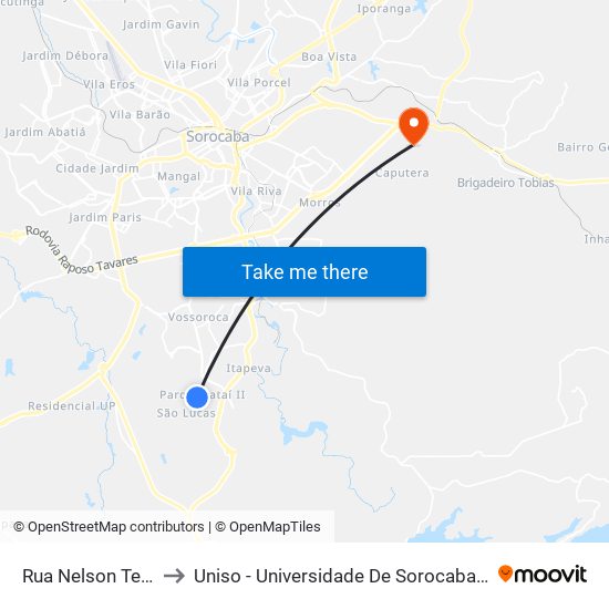 Rua Nelson Teixeira, 447 to Uniso - Universidade De Sorocaba Cidade Universitária map