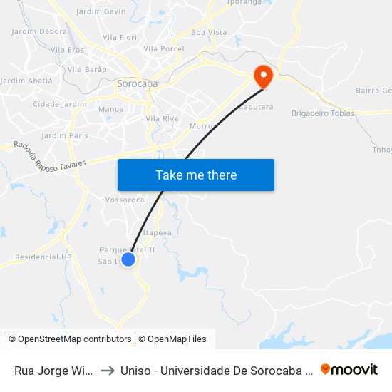 Rua Jorge Winkler, 414 to Uniso - Universidade De Sorocaba Cidade Universitária map