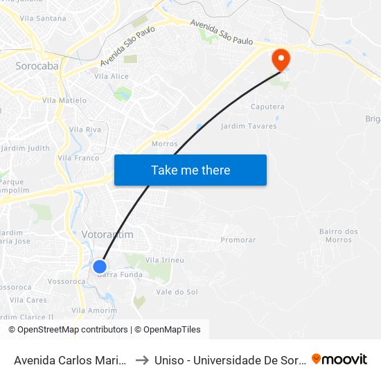 Avenida Carlos Mariano Da Silva, 484-494 to Uniso - Universidade De Sorocaba Cidade Universitária map