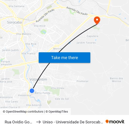Rua Ovídio Godinho, 38-58 to Uniso - Universidade De Sorocaba Cidade Universitária map