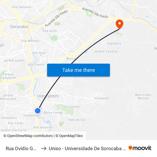 Rua Ovídio Godinho, 88 to Uniso - Universidade De Sorocaba Cidade Universitária map