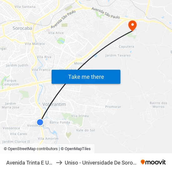 Avenida Trinta E Um De Março, 909 to Uniso - Universidade De Sorocaba Cidade Universitária map