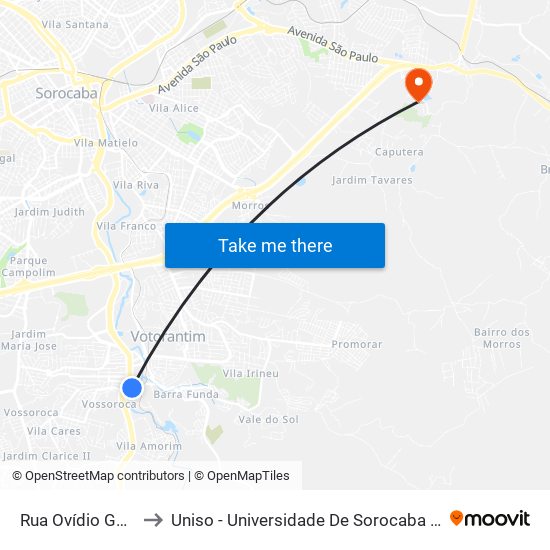 Rua Ovídio Godinho, 88 to Uniso - Universidade De Sorocaba Cidade Universitária map