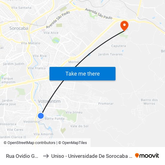 Rua Ovídio Godinho, 58 to Uniso - Universidade De Sorocaba Cidade Universitária map