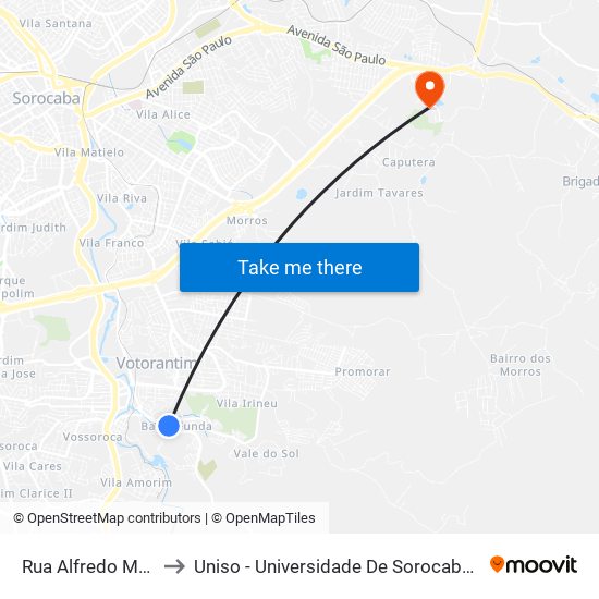 Rua Alfredo Maia, 40-112 to Uniso - Universidade De Sorocaba Cidade Universitária map