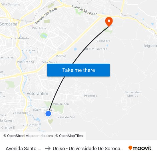 Avenida Santo Antônio, 752 to Uniso - Universidade De Sorocaba Cidade Universitária map